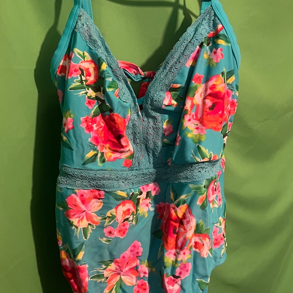 Pink and Blue Floral One Piece Swimsuit with V-Neck